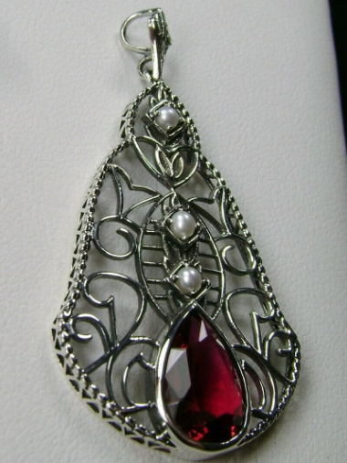 Red Ruby Vintage style Teardrop Lavalier Pendant Necklace, sterling silver filigree, teardrop gemstone, victorian jewelry, Silver Embrace Jewelry P22