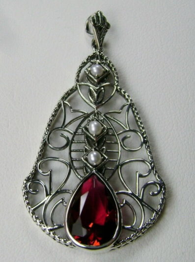 Red Ruby Pendant, Lavalier Necklace, sterling silver filigree, teardrop gemstone, victorian jewelry, Silver Embrace Jewelry P22