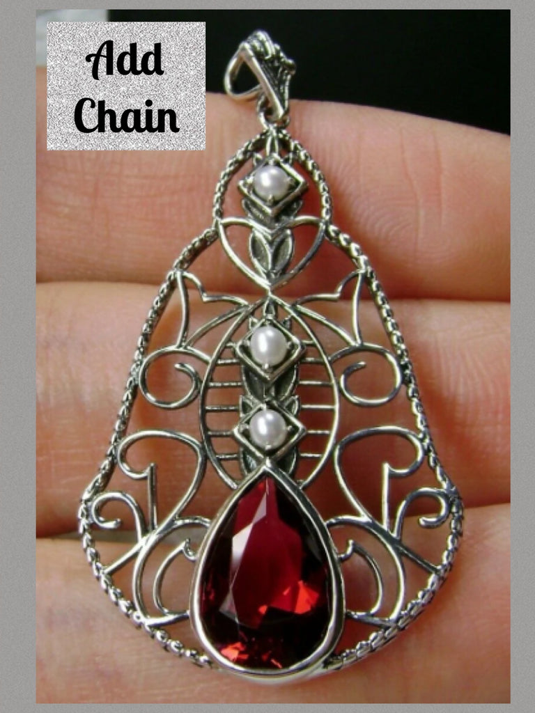Red Ruby Vintage style Teardrop Lavalier Pendant Necklace, sterling silver filigree, teardrop gemstone, victorian jewelry, Silver Embrace Jewelry P22