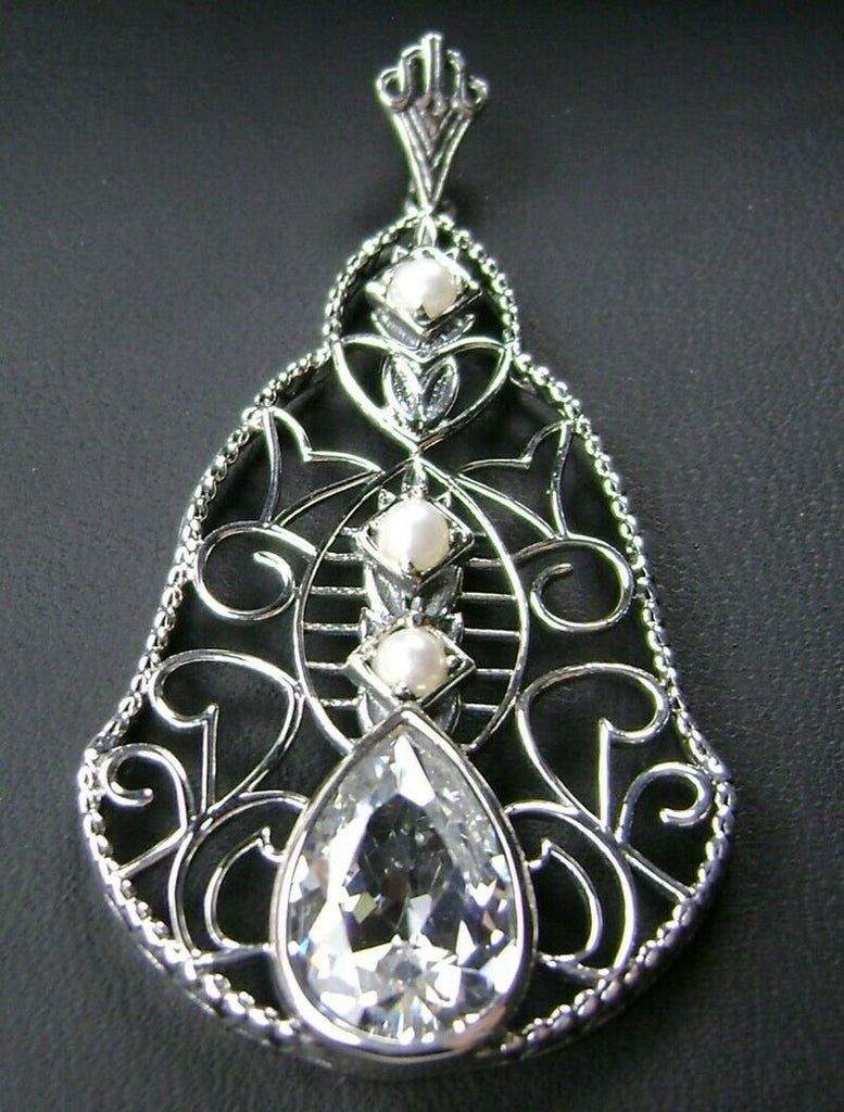 White CZ - Cubic Zirconia Pendant, Lavalier Necklace, sterling silver filigree, teardrop gemstone, victorian jewelry, Silver Embrace Jewelry P22