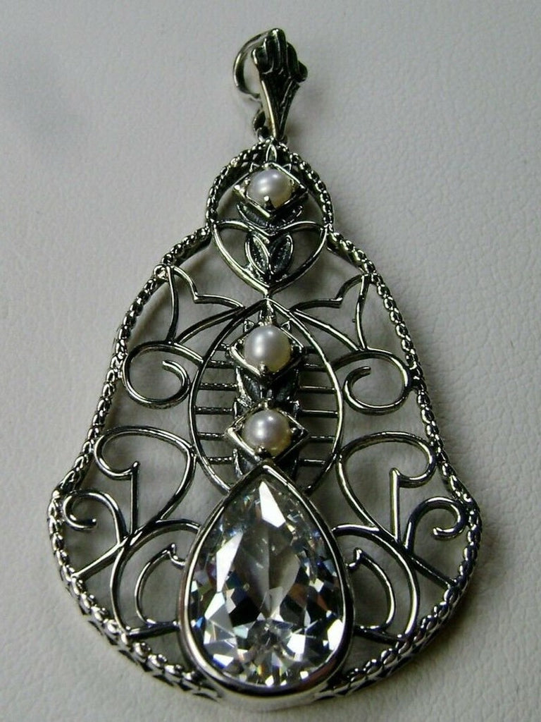 White CZ - Cubic Zirconia Pendant, Lavalier Necklace, sterling silver filigree, teardrop gemstone, victorian jewelry, Silver Embrace Jewelry P22