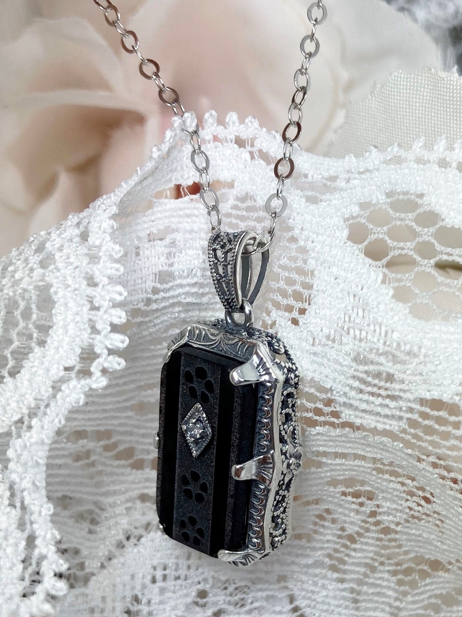 Art Deco 14K Camphor Glass Diamond Pendant Necklace - Ruby Lane