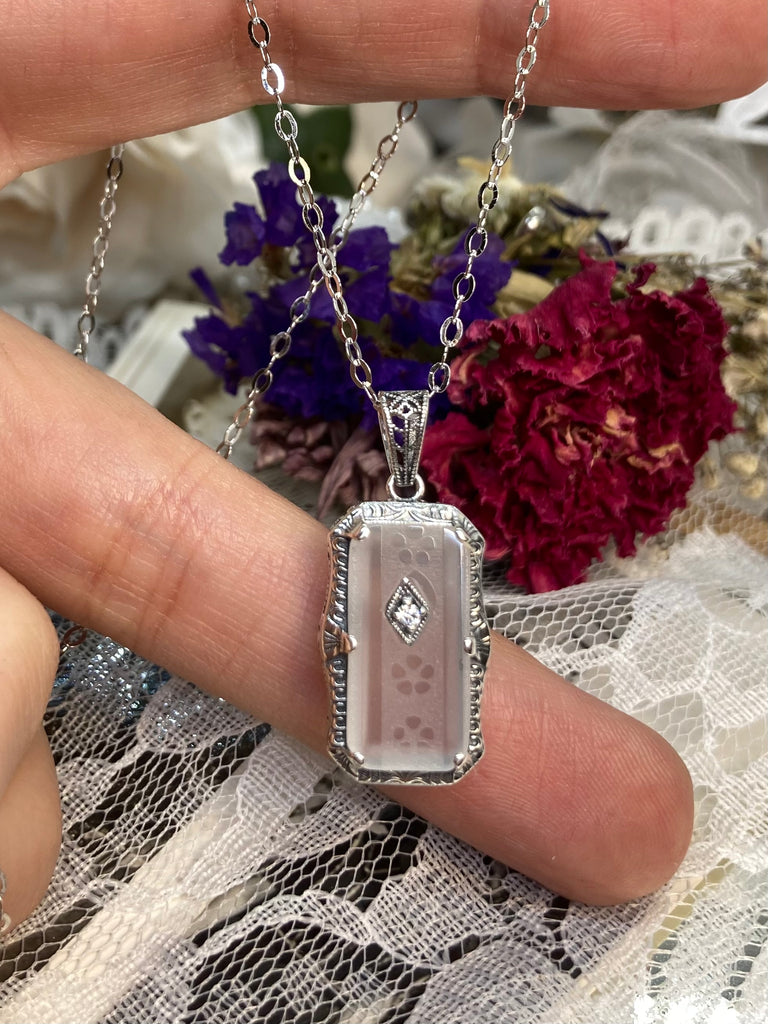 Camphor Glass Pendant, Carved Camphor Glass with gem accent, choice of white Cubic zirconia, lab moissanite, or genuine diamond, Sterling silver filigree, Vintage Jewelry, Silver Embrace Jewelry, P232