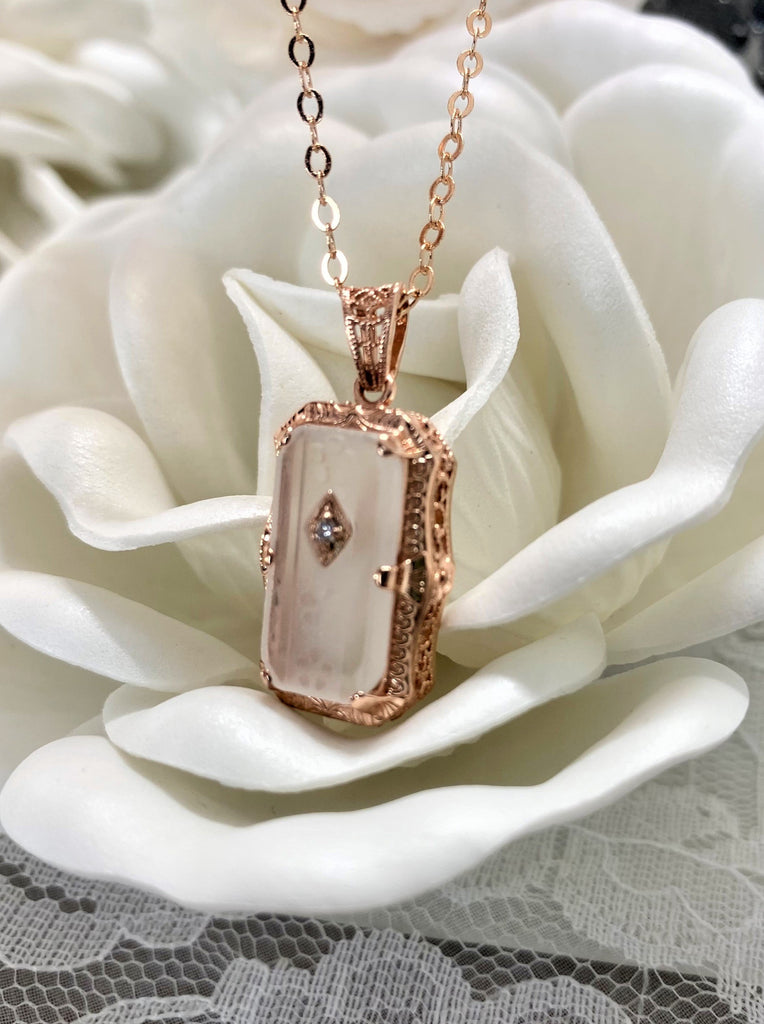 pendant with chain, frosted white carved camphor glass, rose gold plated sterling silver filigree, 1915 design #P232, Silver Embrace Jewelry
