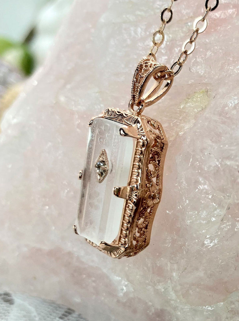 pendant with chain, frosted white carved camphor glass, rose gold plated sterling silver filigree, 1915 design #P232, Silver Embrace Jewelry