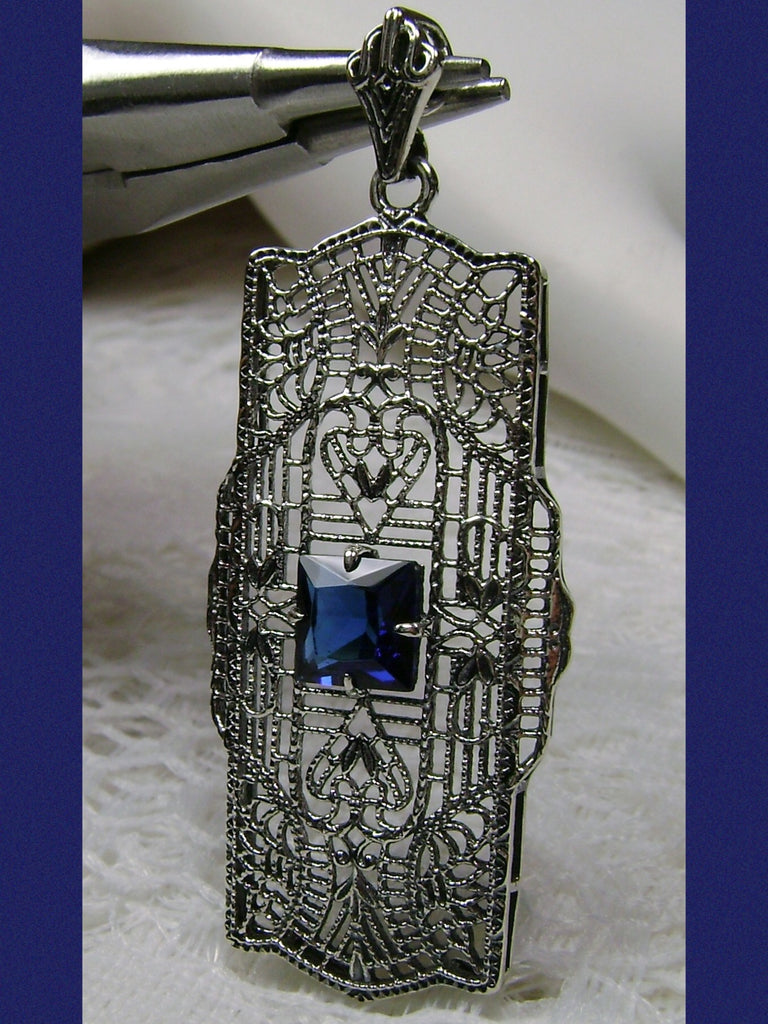 Blue Sapphire pendant, sterling Silver filigree field of intricate detail surrounds the center square stone accenting the beauty of the vintage look, Silver Embrace Jewelry