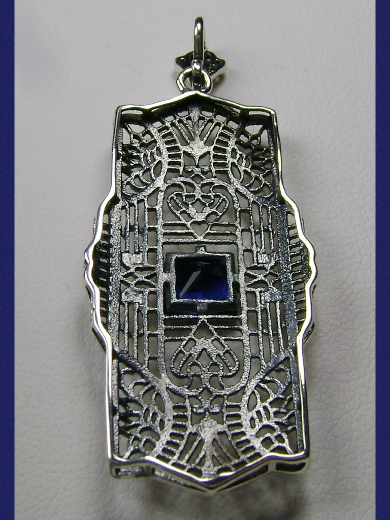 Blue Sapphire pendant, sterling Silver filigree field of intricate detail surrounds the center square stone accenting the beauty of the vintage look, Silver Embrace Jewelry