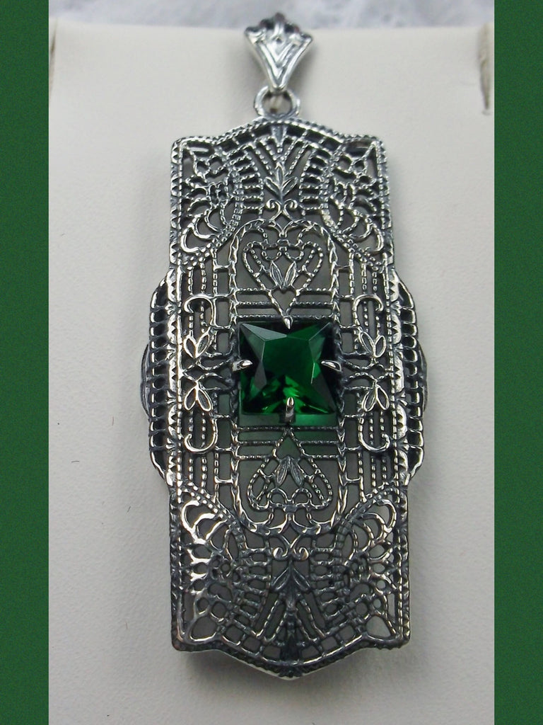 green Emerald pendant, sterling Silver filigree field of intricate detail surrounds the center square stone accenting the beauty of the vintage look, Silver Embrace Jewelry