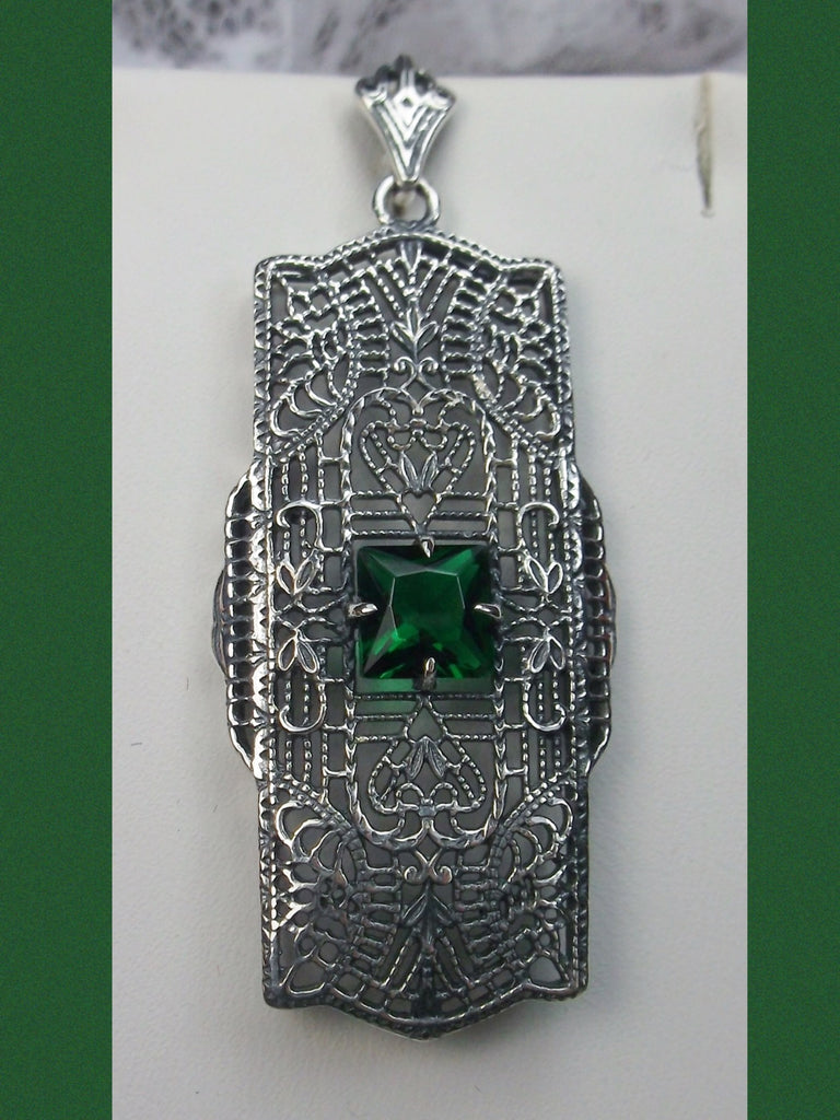 green Emerald pendant, sterling Silver filigree field of intricate detail surrounds the center square stone accenting the beauty of the vintage look, Silver Embrace Jewelry