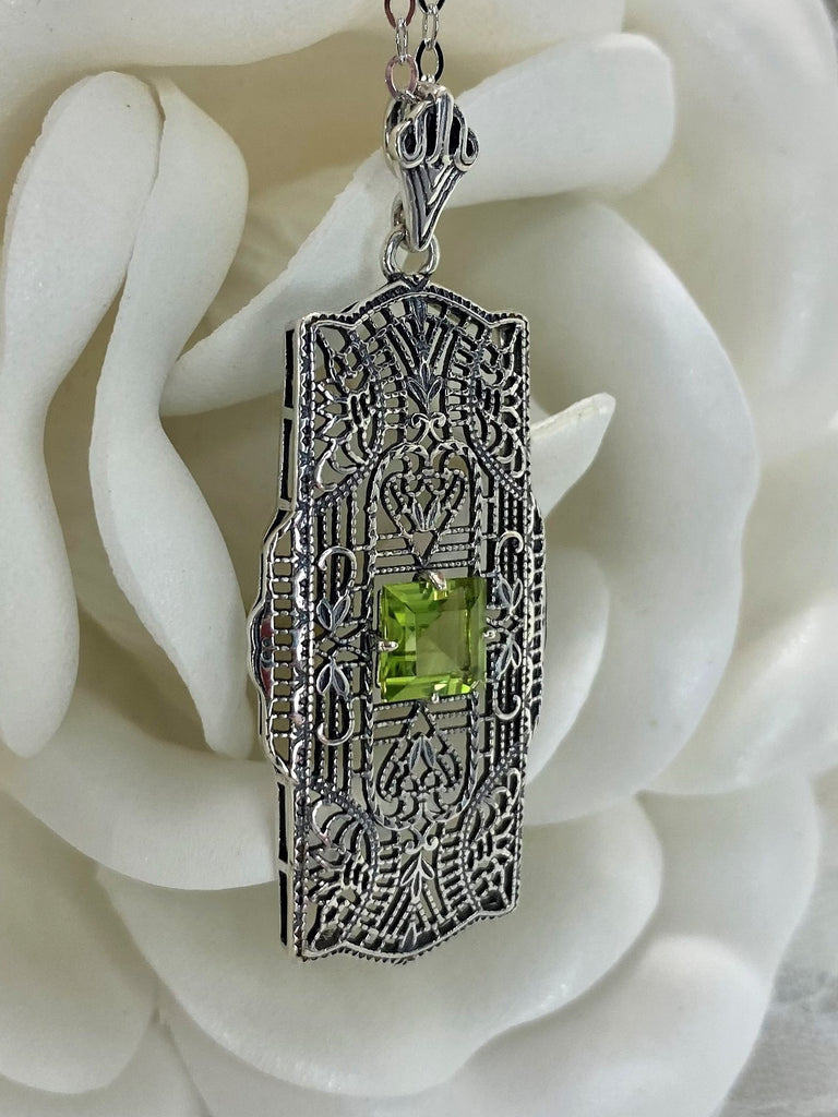 Natural Green Peridot pendant, sterling Silver filigree field of intricate detail surrounds the center square stone accenting the beauty of the vintage look, Silver Embrace Jewelry