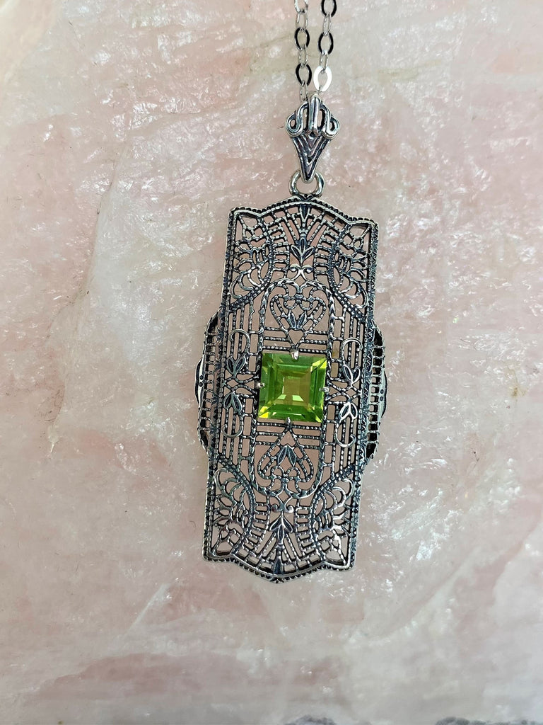 Natural Green Peridot pendant, sterling Silver filigree field of intricate detail surrounds the center square stone accenting the beauty of the vintage look, Silver Embrace Jewelry