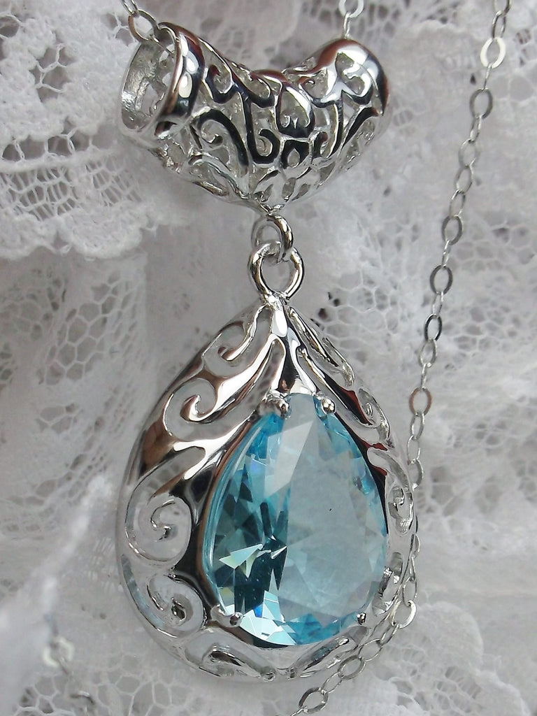 Sky blue aquamarine Pendant Necklace, Teardrop gem and pendant, pear shaped gem, sterling silver filigree, Victorian jewelry, Silver Embrace Jewelry P28