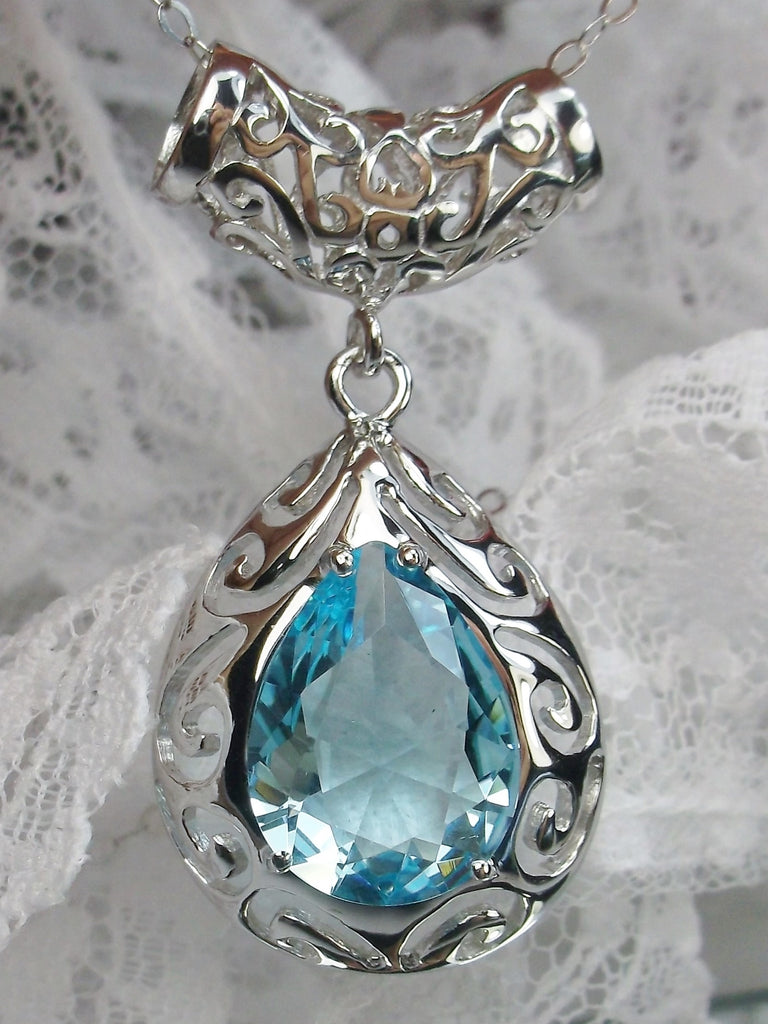 Sky blue aquamarine Pendant Necklace, Teardrop gem and pendant, pear shaped gem, sterling silver filigree, Victorian jewelry, Silver Embrace Jewelry P28