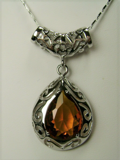 Cognac Orange Citrine Pendant Necklace, Teardrop gem and pendant, pear shaped gem, sterling silver filigree, Victorian jewelry, Silver Embrace Jewelry P28