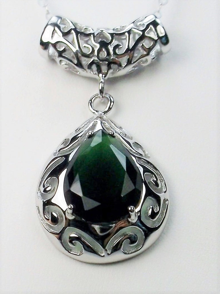 Green Emerald Pendant Necklace, Teardrop gem and pendant, pear shaped gem, sterling silver filigree, Victorian jewelry, Silver Embrace Jewelry P28