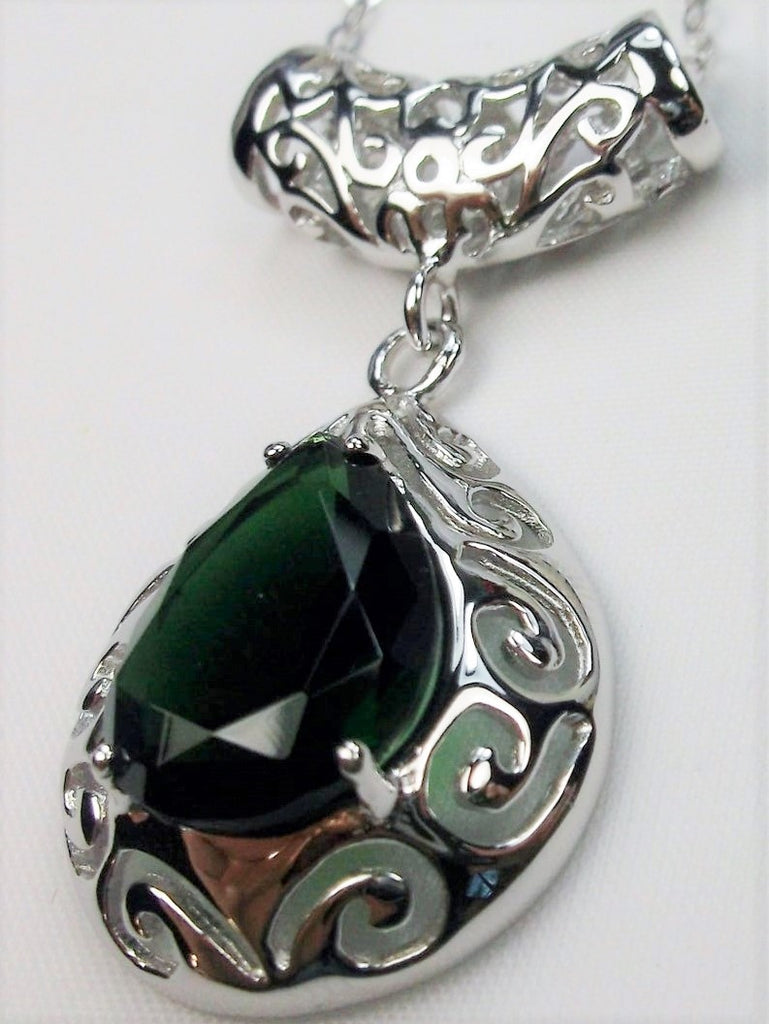 Green Emerald Pendant Necklace, Teardrop gem and pendant, pear shaped gem, sterling silver filigree, Victorian jewelry, Silver Embrace Jewelry P28