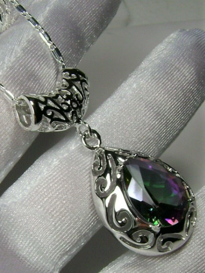 Mystic Topaz Pendant Necklace, Teardrop gem and pendant, pear shaped gem, sterling silver filigree, Victorian jewelry, Silver Embrace Jewelry P28