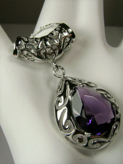 Purple Amethyst Pendant Necklace, Teardrop gem and pendant, pear shaped gem, sterling silver filigree, Victorian jewelry, Silver Embrace Jewelry P28