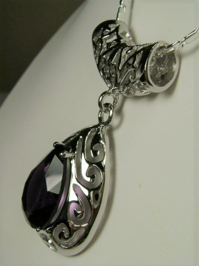 Purple Amethyst Pendant Necklace, Teardrop gem and pendant, pear shaped gem, sterling silver filigree, Victorian jewelry, Silver Embrace Jewelry P28