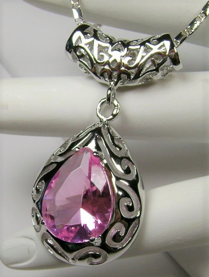 Pink Topaz Pendant Necklace, Teardrop gem and pendant, pear shaped gem, sterling silver filigree, Victorian jewelry, Silver Embrace Jewelry P28