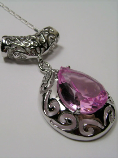 Pink Topaz Pendant Necklace, Teardrop gem and pendant, pear shaped gem, sterling silver filigree, Victorian jewelry, Silver Embrace Jewelry P28