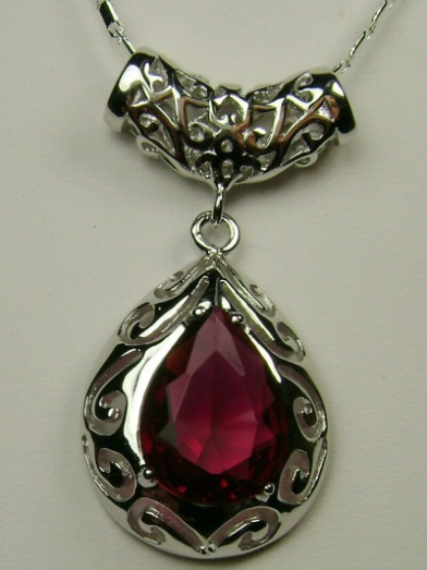 Red Ruby Pendant Necklace, Teardrop gem and pendant, pear shaped gem, sterling silver filigree, Victorian jewelry, Silver Embrace Jewelry P28
