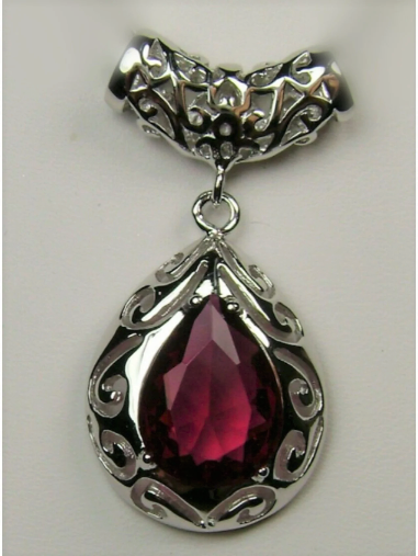 Red Ruby Pendant Necklace, Teardrop gem and pendant, pear shaped gem, sterling silver filigree, Victorian jewelry, Silver Embrace Jewelry P28