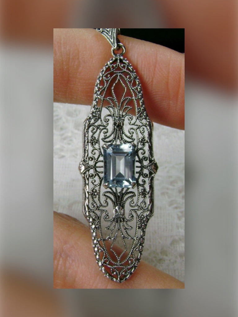 Natural Blue Topaz Pendant, Pineapple design, Sterling silver Filigree, antique vintage reproduction jewelry, P3
