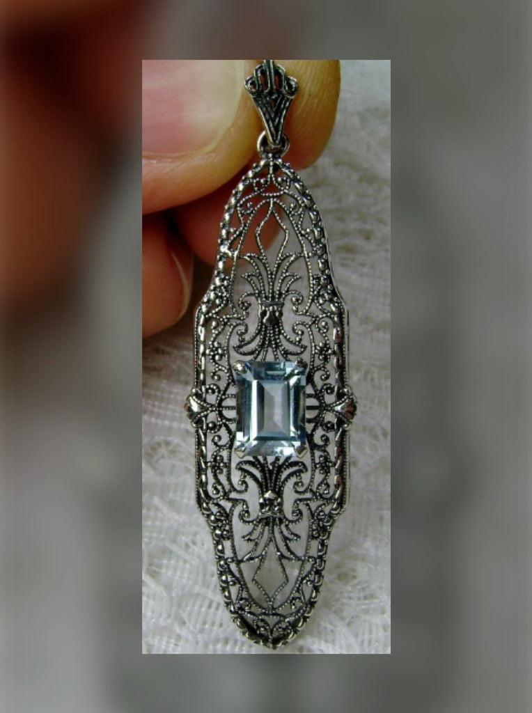 Natural Blue Topaz Pendant, Pineapple design, Sterling silver Filigree, antique vintage reproduction jewelry, P3