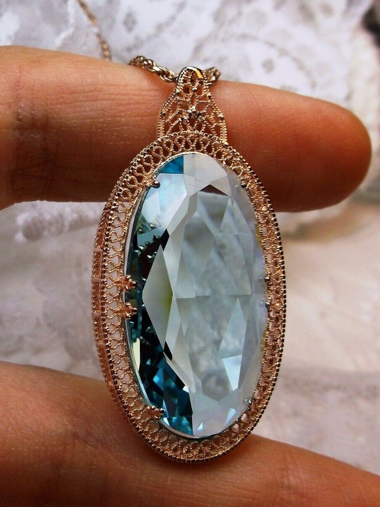 Sky Blue Aquamarine Rose Gold Pendant, large sky blue gem oval pendant with rose gold art deco filigree, Silver Embrace Jewelry