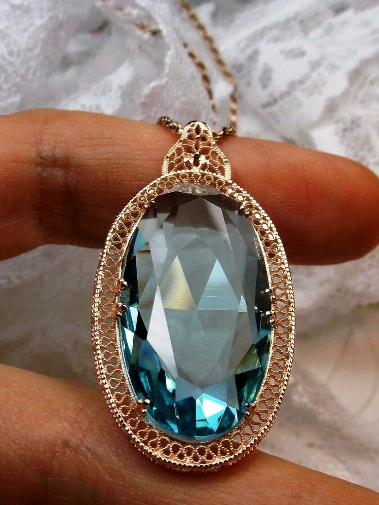 Sky Blue Aquamarine Rose Gold Pendant, large sky blue gem oval pendant with rose gold art deco filigree, Silver Embrace Jewelry