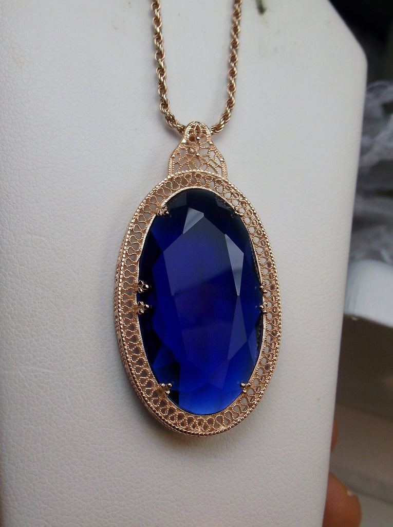Sapphire Rose Gold Pendant, large sapphire blue gem oval pendant with rose gold art deco filigree, Silver Embrace Jewelry
