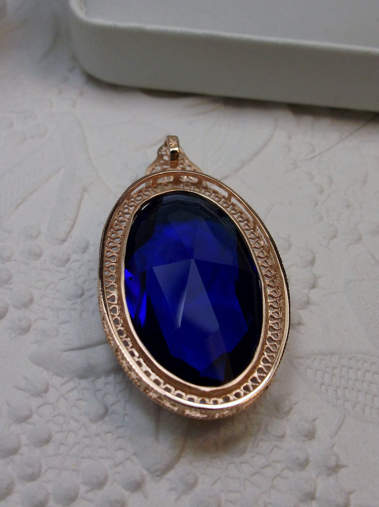 Sapphire Rose Gold Pendant, large sapphire blue gem oval pendant with rose gold art deco filigree, Silver Embrace Jewelry