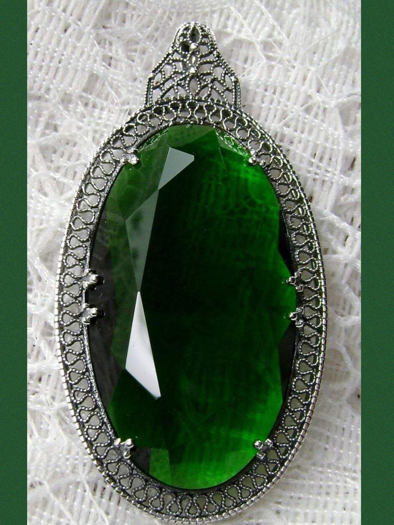 Green Emerald Pendant, large deep emerald green oval pendant with sterling silver art deco filigree, Silver Embrace Jewelry