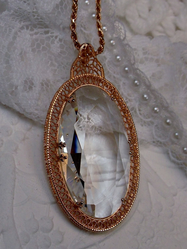 White Topaz Rose Gold pendant, large clear gem oval pendant with rose gold art deco filigree, Silver Embrace Jewelry