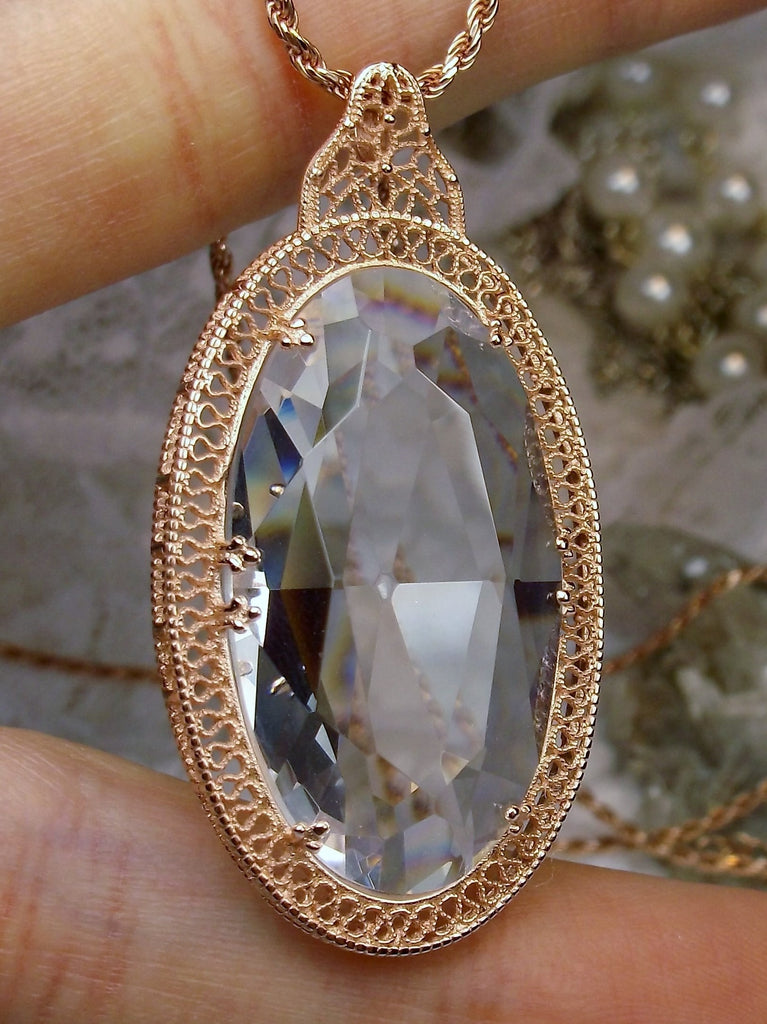 White Topaz Rose Gold pendant, large clear gem oval pendant with rose gold art deco filigree, Silver Embrace Jewelry