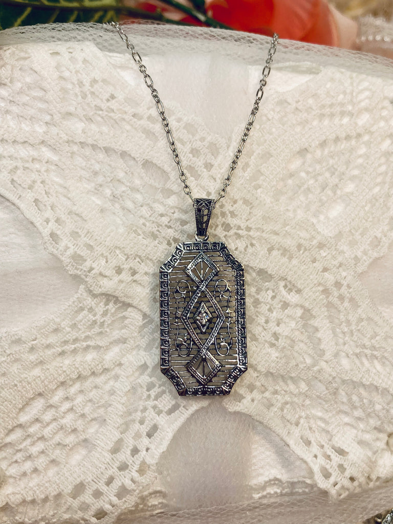 Moissanite Pendant, GeoDeco style, sterling silver filigree, Vintage Antique Jewelry, Art Deco Jewelry, Silver Embrace Jewelry, P357