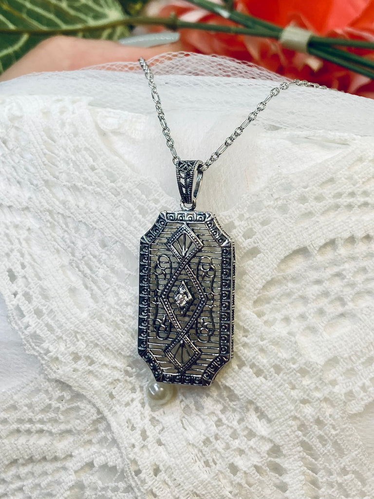Moissanite Pendant, GeoDeco style, sterling silver filigree, Vintage Antique Jewelry, Art Deco Jewelry, Silver Embrace Jewelry, P357