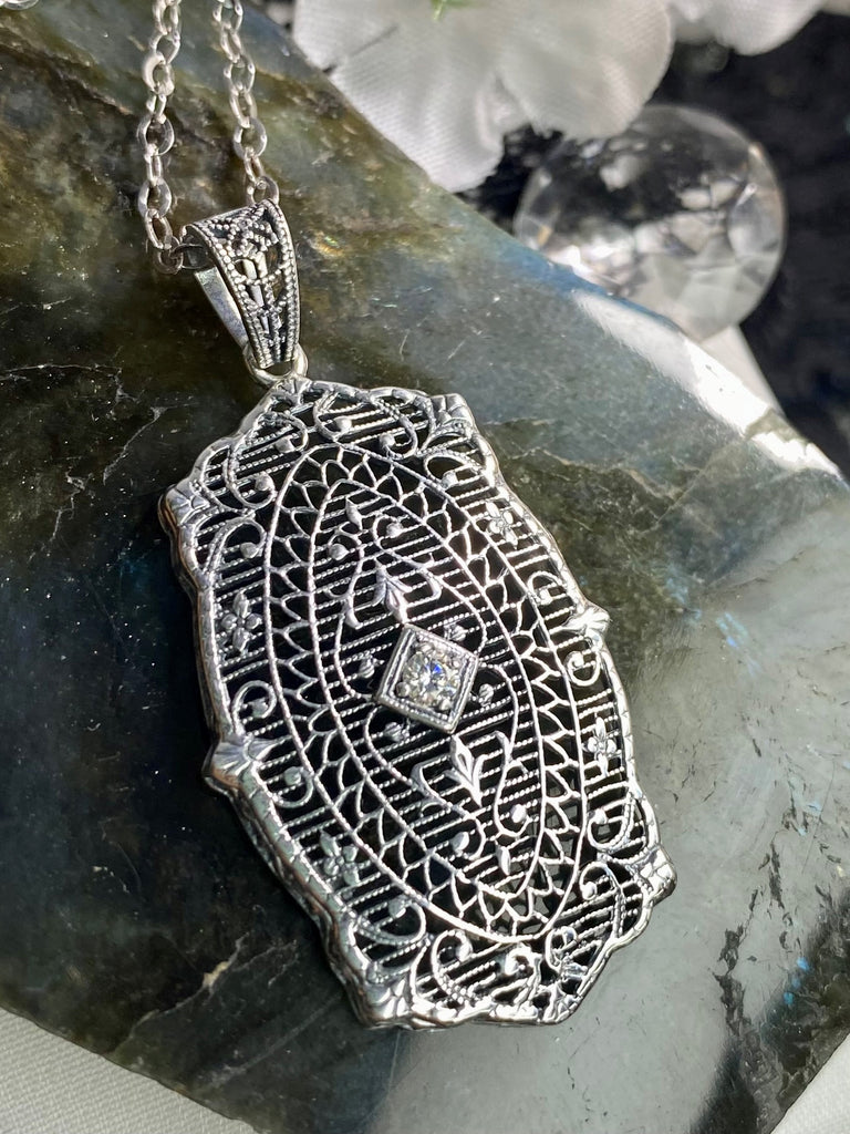 Moissanite Pendant, Rococo style, sterling silver filigree, Vintage Antique Jewelry, Silver Embrace Jewelry, P358