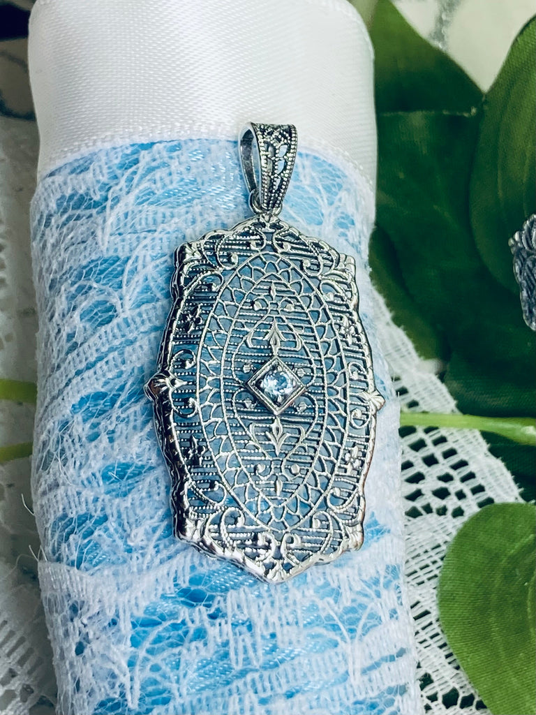 Natural Aquamarine Pendant with optional Earrings, Sterling silver filigree, Rococo design, Silver Embrace jewelry, P358