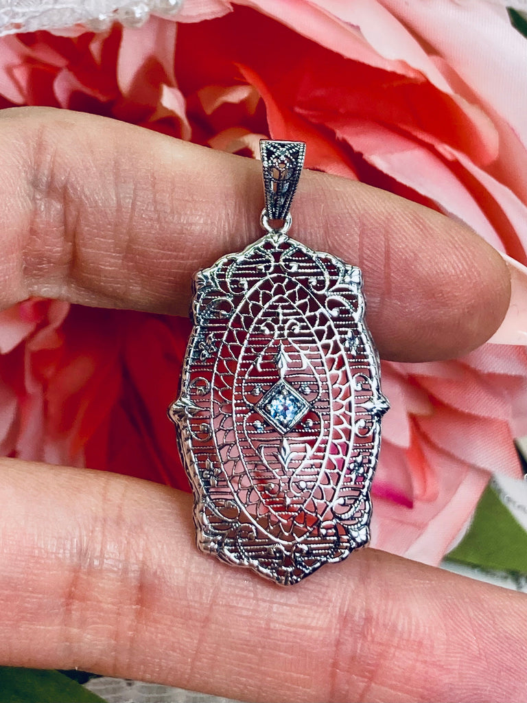 Natural Aquamarine Pendant with optional Earrings, Sterling silver filigree, Rococo design, Silver Embrace jewelry, P358