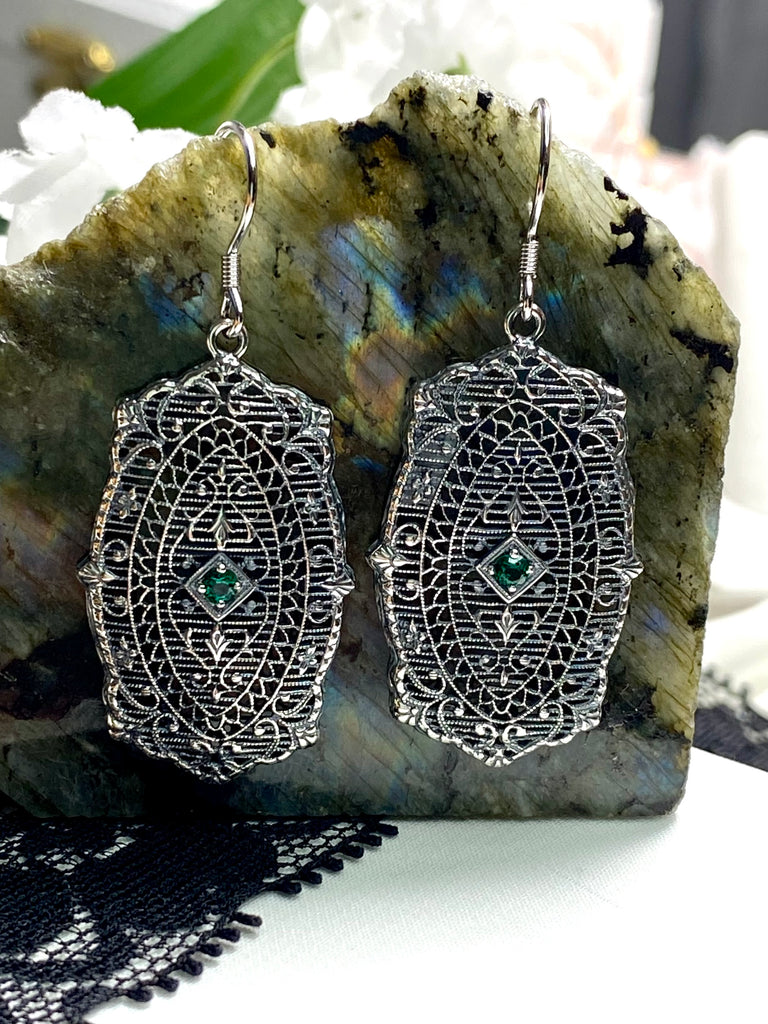 Natural Green emerald Earrings, Natural Gemstone, Rococo Vintage Jewelry, Victorian Jewelry, Sterling Silver Filigree, Silver Embrace jewelry E358