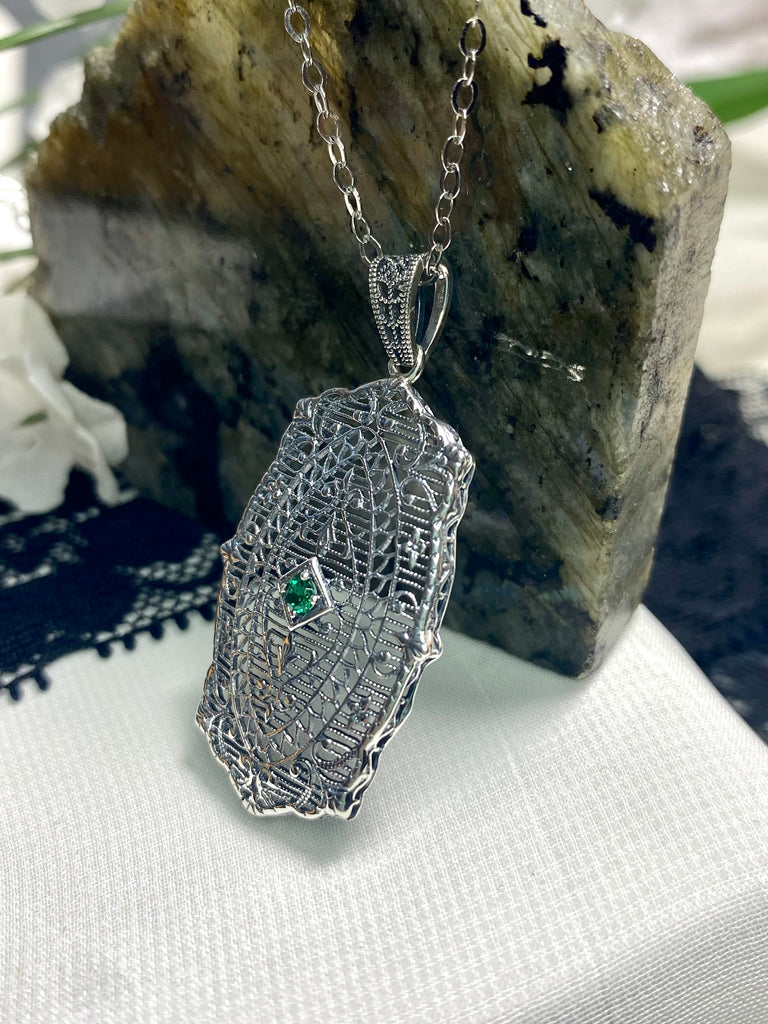 Natural Green emerald Pendant, Natural Gemstone, Rococo Vintage Jewelry, Victorian Jewelry, Sterling Silver Filigree, Silver Embrace jewelry P358