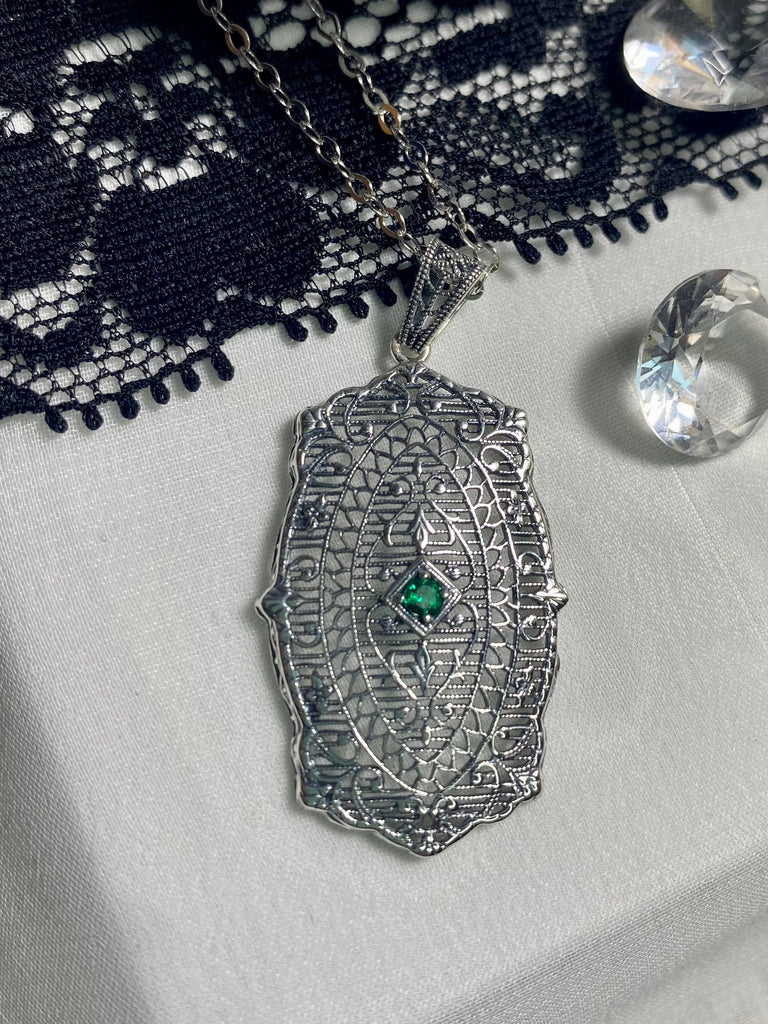 Natural Green emerald Pendant, Natural Gemstone, Rococo Vintage Jewelry, Victorian Jewelry, Sterling Silver Filigree, Silver Embrace jewelry P358