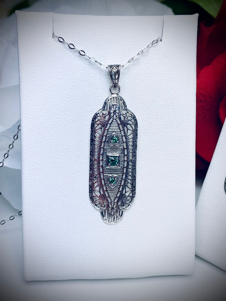 Natural Green Emerald Pendant, Vintage style, sterling silver filigree, Angel Wing Pendant, Vintage Antique Jewelry, Silver Embrace Jewelry, P359