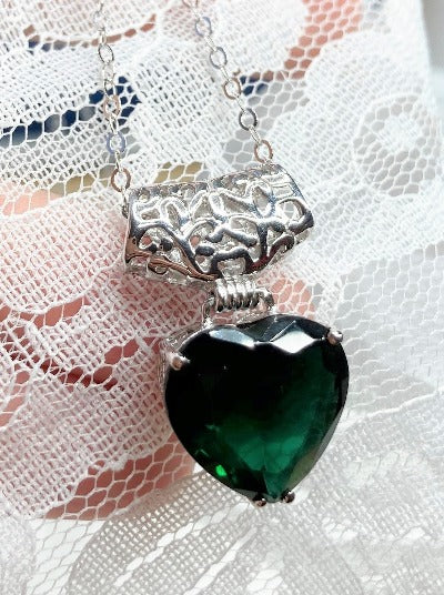 Green Emerald Heart Pendant, Heart shaped gemstone, sterling silver filigree, antique design jewelry, vintage style jewelry, silver embrace Jewelry, P38