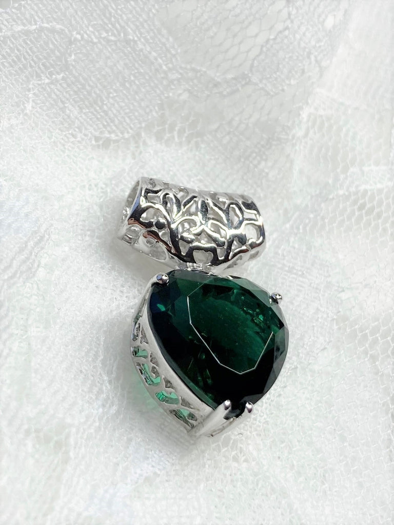 Heart shaped green emerald pendant with sterling silver filigree detail, Silver Embrace Jewelry, P38