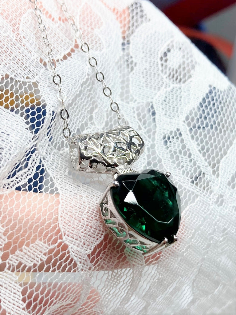 Heart shaped green emerald pendant with sterling silver filigree detail, Silver Embrace Jewelry, P38