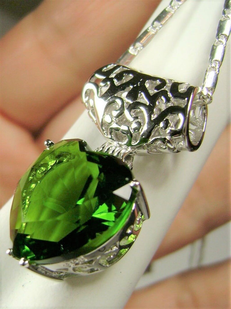 Heart shaped chartreuse light green peridot pendant with sterling silver filigree detail, Silver Embrace Jewelry, P38