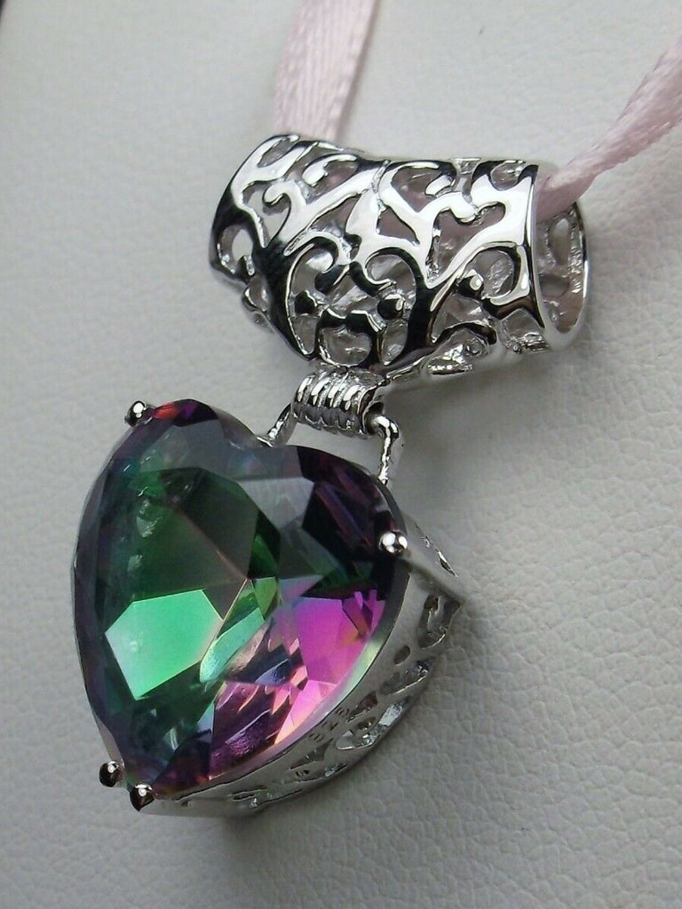Heart shaped mystic topaz pendant with sterling silver filigree detail, Silver Embrace Jewelry